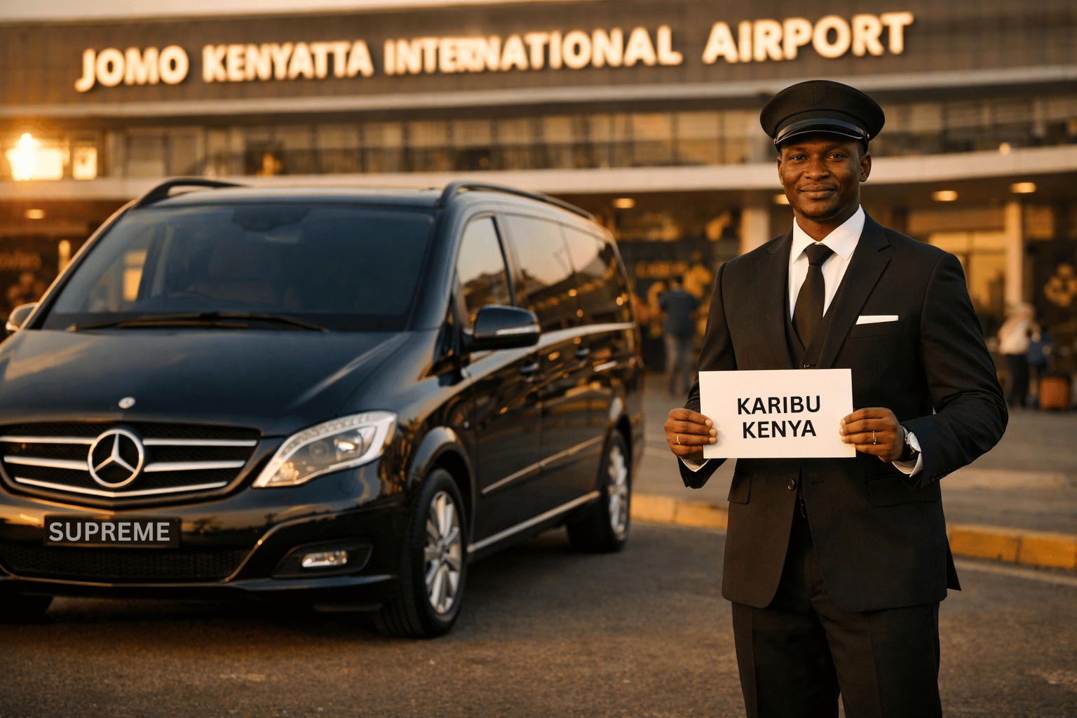 Supreme Concierge chauffeur meeting an arriving guest at Jomo Kenyatta International Airport, Nairobi