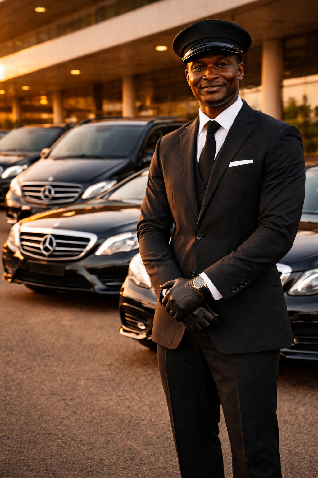 Supreme Concierge chauffeur beside a line of Mercedes-Benz E-Class saloons prepared for a diplomatic motorcade in Nairobi